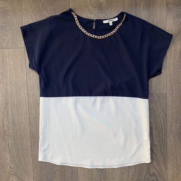 Koton Women’s Blouse Colorblock Gold Chain Short Sleeve Navy White Size 2 - Picture 3 of 12